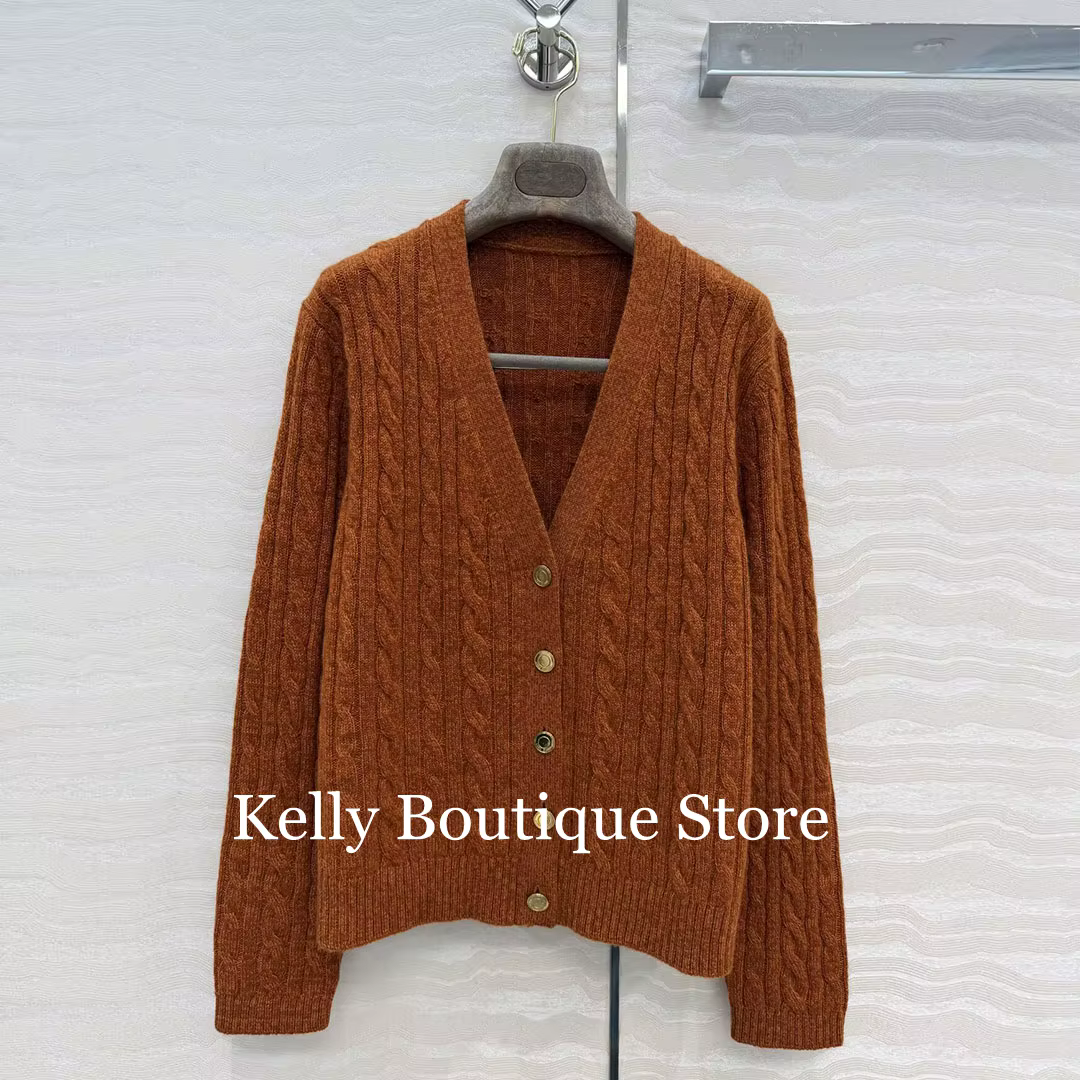Cardigan en laine torsadée 100 % style « Old Money » vintage de luxe pour femme, col en V, manches l
