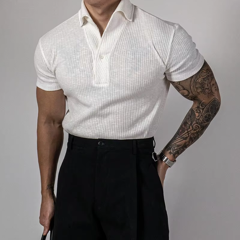 Polos côtelés à la mode pour hommes sport Fitness Muscle à manches courtes mince hauts extensibles d