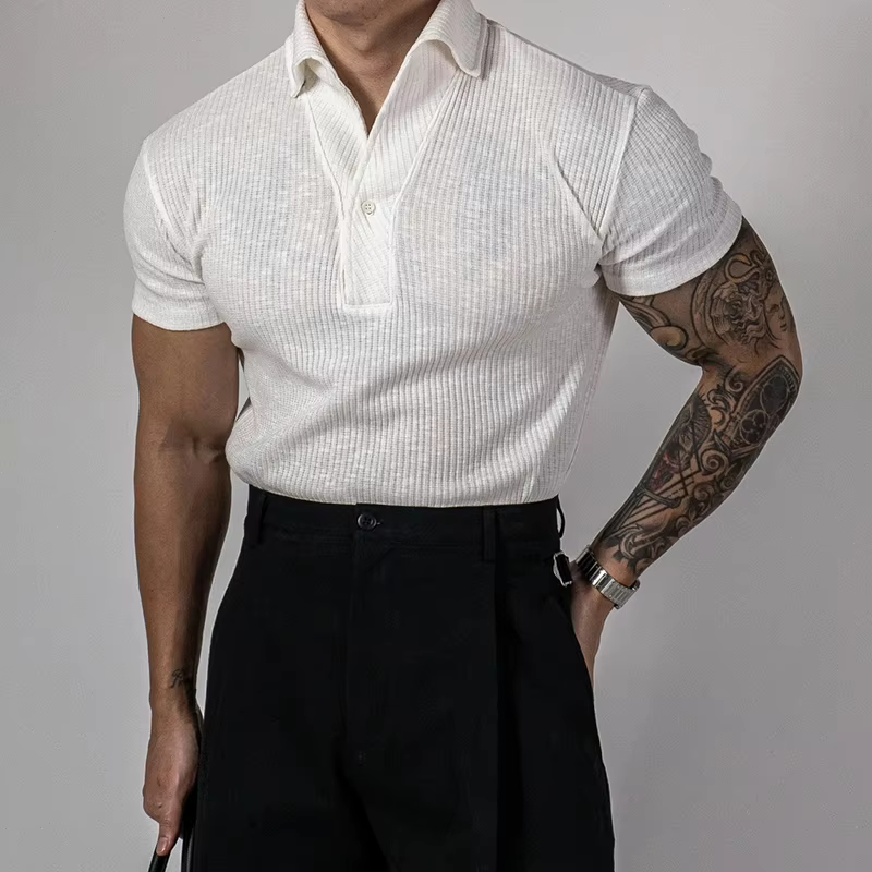 Polos côtelés à la mode pour hommes sport Fitness Muscle à manches courtes mince hauts extensibles décontracté couleur Pure revers Polo hommes t-shirt